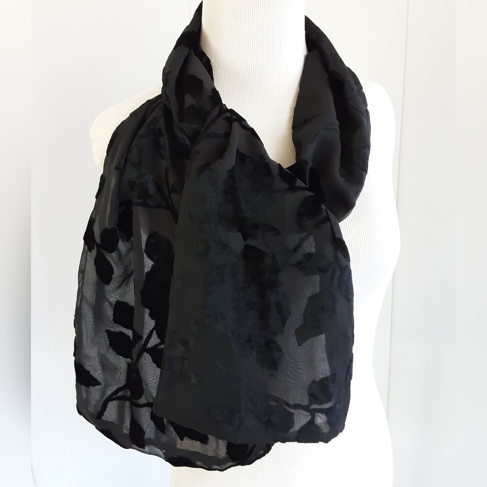 Black Velvet Burnout Accents Lane Bryant Whimsigoth Floral Scarf  60"x9"